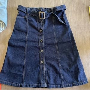 Dark Blue Denim Button-Front A-Line Skirt with Belt
